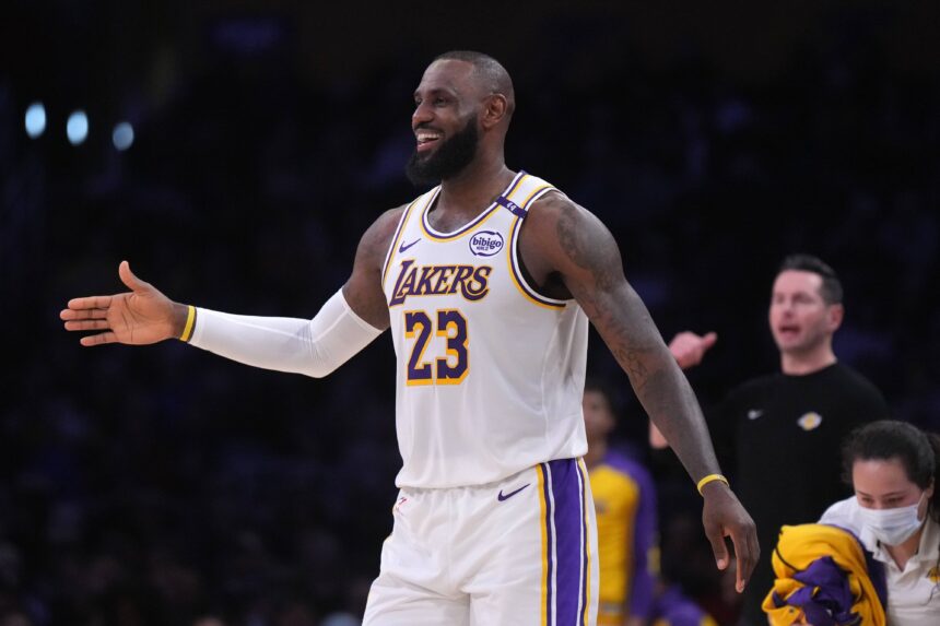 Los Angeles, California, USA; Los Angeles Lakers forward LeBron James (23) reacts in the first half against the Memphis Grizzlies at Crypto.com Arena. Mandatory Credit: Kirby Lee-Imagn Images