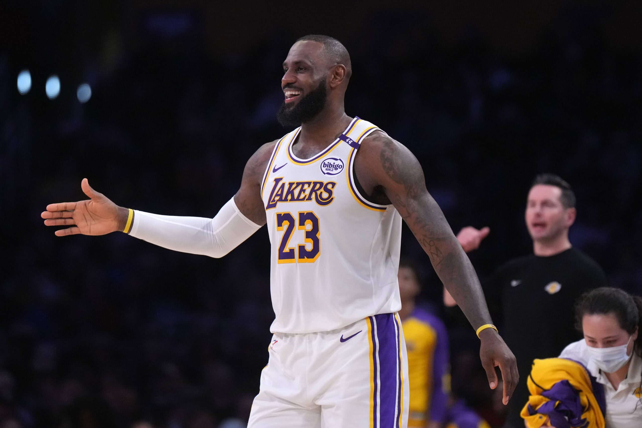 Los Angeles, California, USA; Los Angeles Lakers forward LeBron James (23) reacts in the first half against the Memphis Grizzlies at Crypto.com Arena. Mandatory Credit: Kirby Lee-Imagn Images
