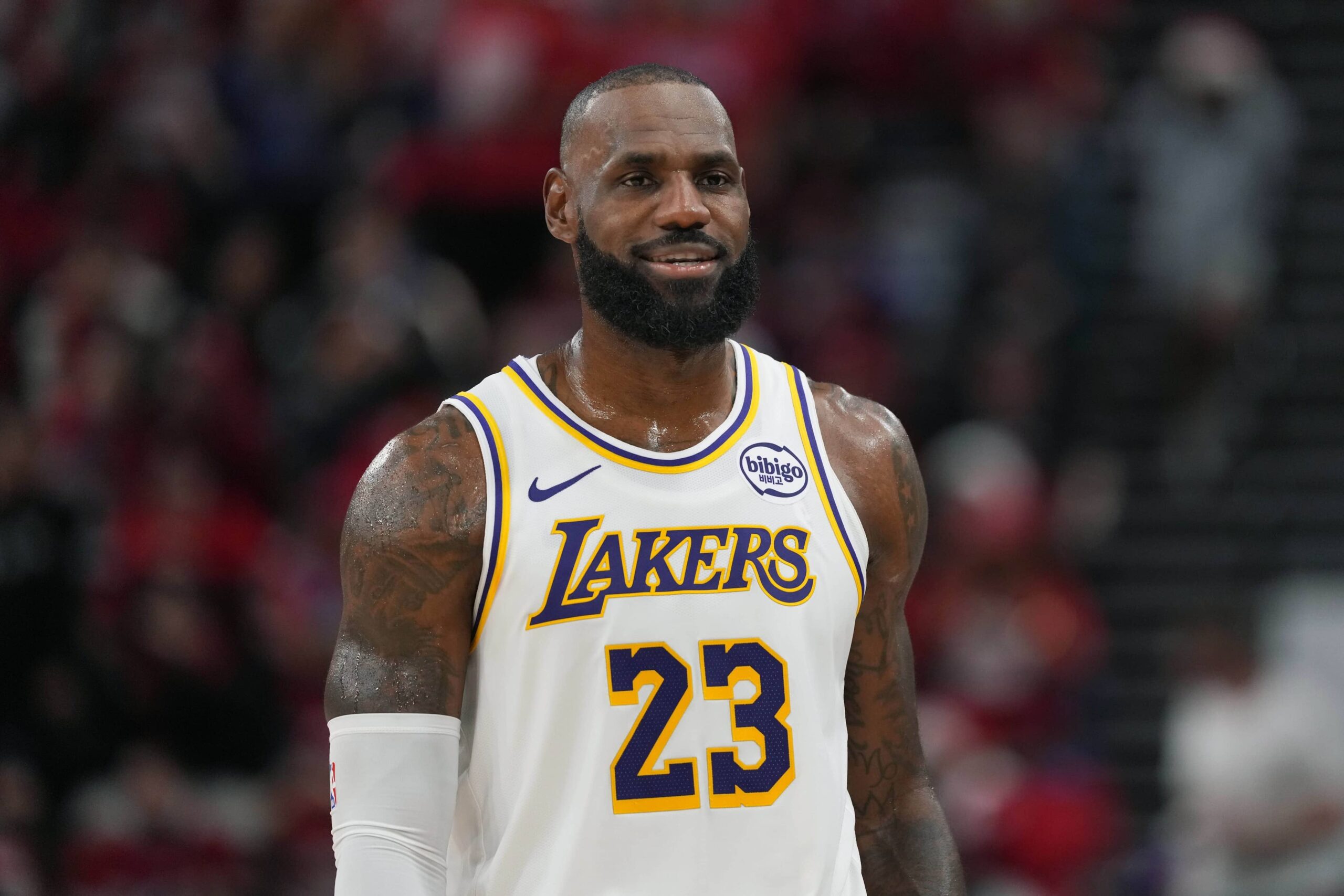 Inglewood, California, USA; Los Angeles Lakers forward Lebron James (23) reacts against the LA Clippers in the second half at Intuit Dome. Mandatory Credit: Kirby Lee-Imagn Images