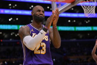 Los Angeles, California, USA; Los Angeles Lakers forward Lebron James (23) reacts after a missed basket during the second half against the San Antonio Spurs at Crypto.com Arena. Mandatory Credit: Jayne Kamin-Oncea-Imagn Images