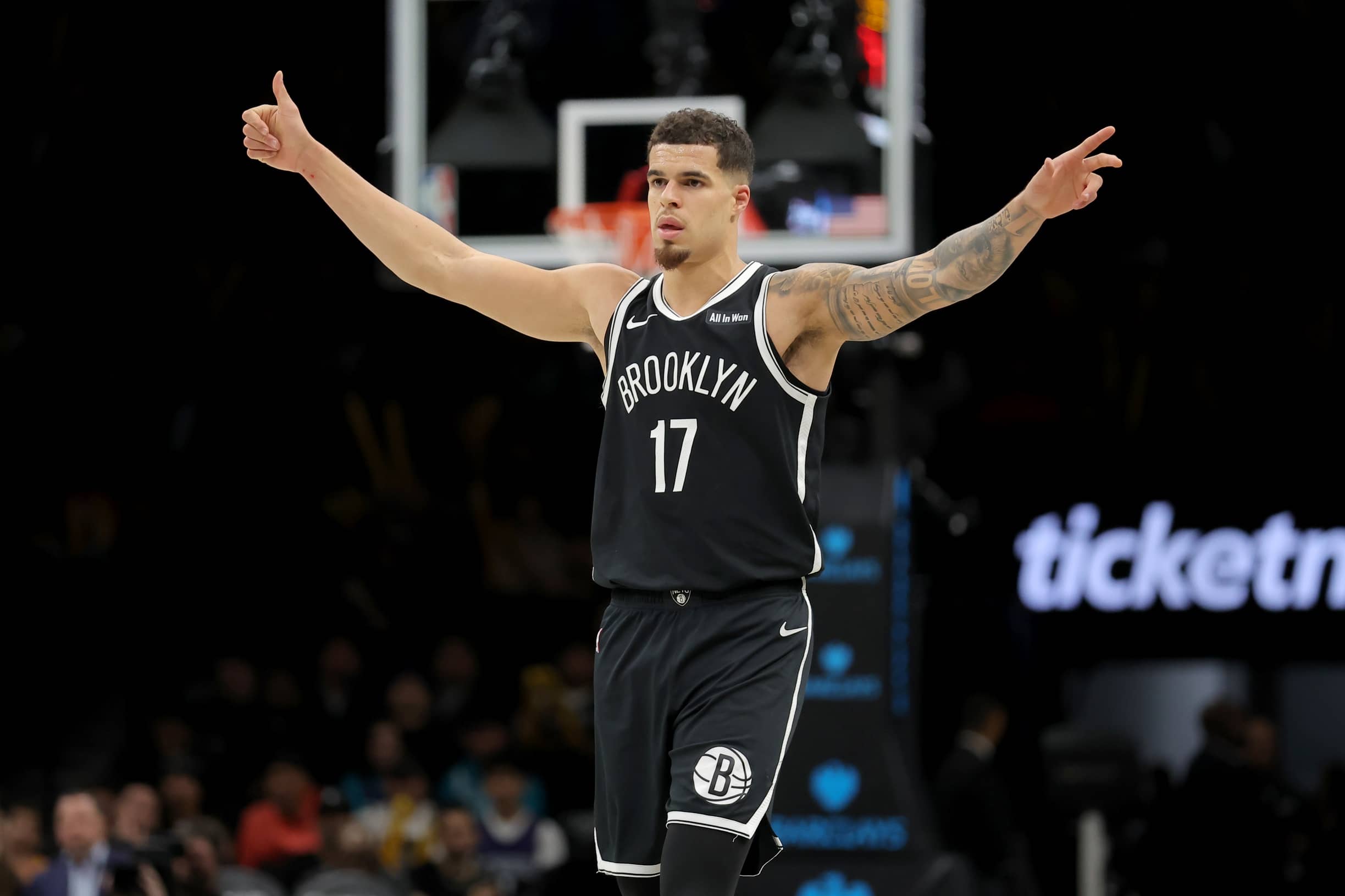 Brooklyn, New York, USA; Brooklyn Nets forward Michael Porter Jr. (17) reacts during the third quarter against the Charlotte Hornets at Barclays Center. Mandatory Credit: Brad Penner-Imagn Images