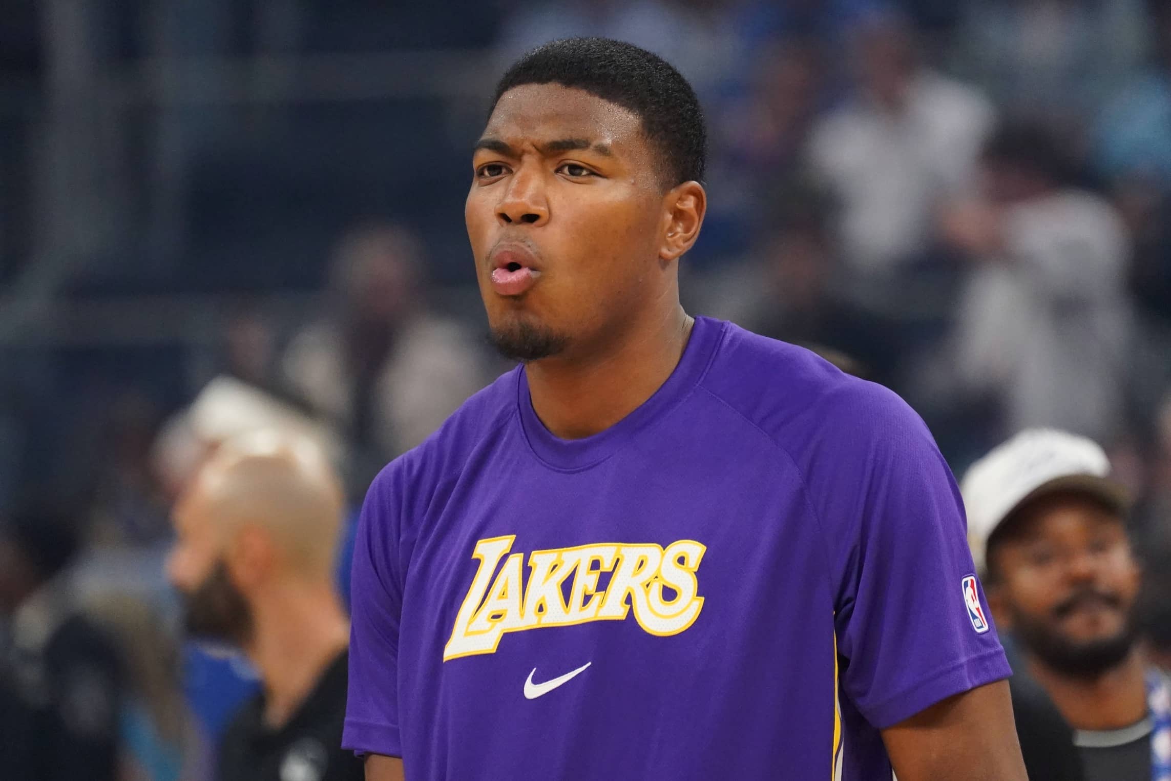 San Francisco, California, USA; Los Angeles Lakers forward Rui Hachimura (28) warms up before the game against the Golden State Warriors at Chase Center. Mandatory Credit: David Gonzales-Imagn Images