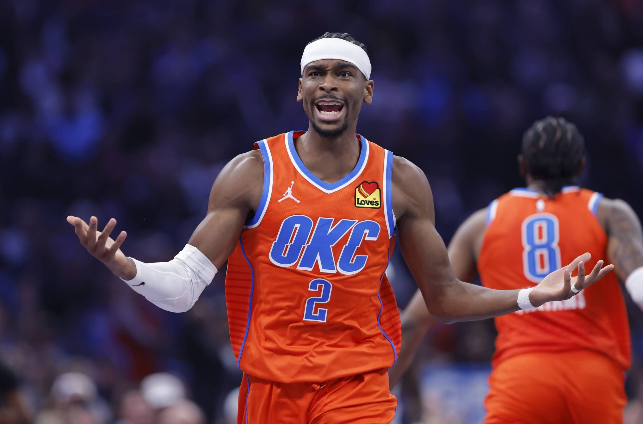 Oklahoma City, Oklahoma, USA; Oklahoma City Thunder guard Shai Gilgeous-Alexander (2) reacts after a play against the Phoenix Suns during the second quarter at Paycom Center. Mandatory Credit: Alonzo Adams-Imagn Images