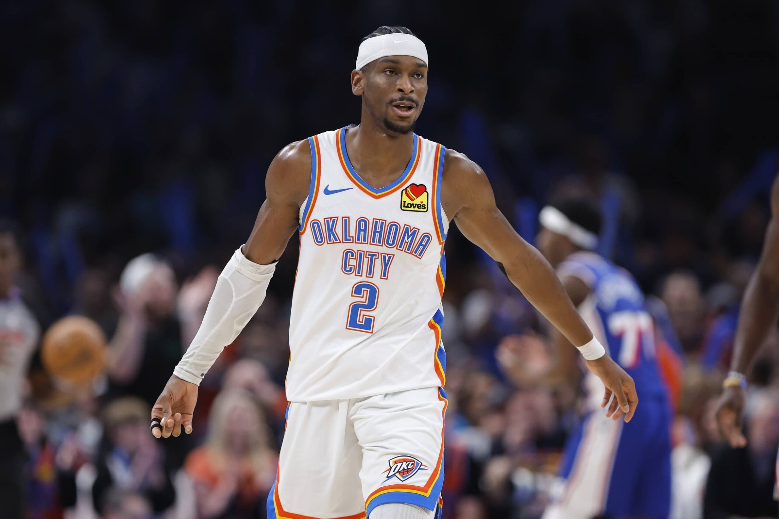 Oklahoma City, Oklahoma, USA; Oklahoma City Thunder guard Shai Gilgeous-Alexander during the second half against the Philadelphia 76ers at Paycom Center. Mandatory Credit: Alonzo Adams-Imagn Images