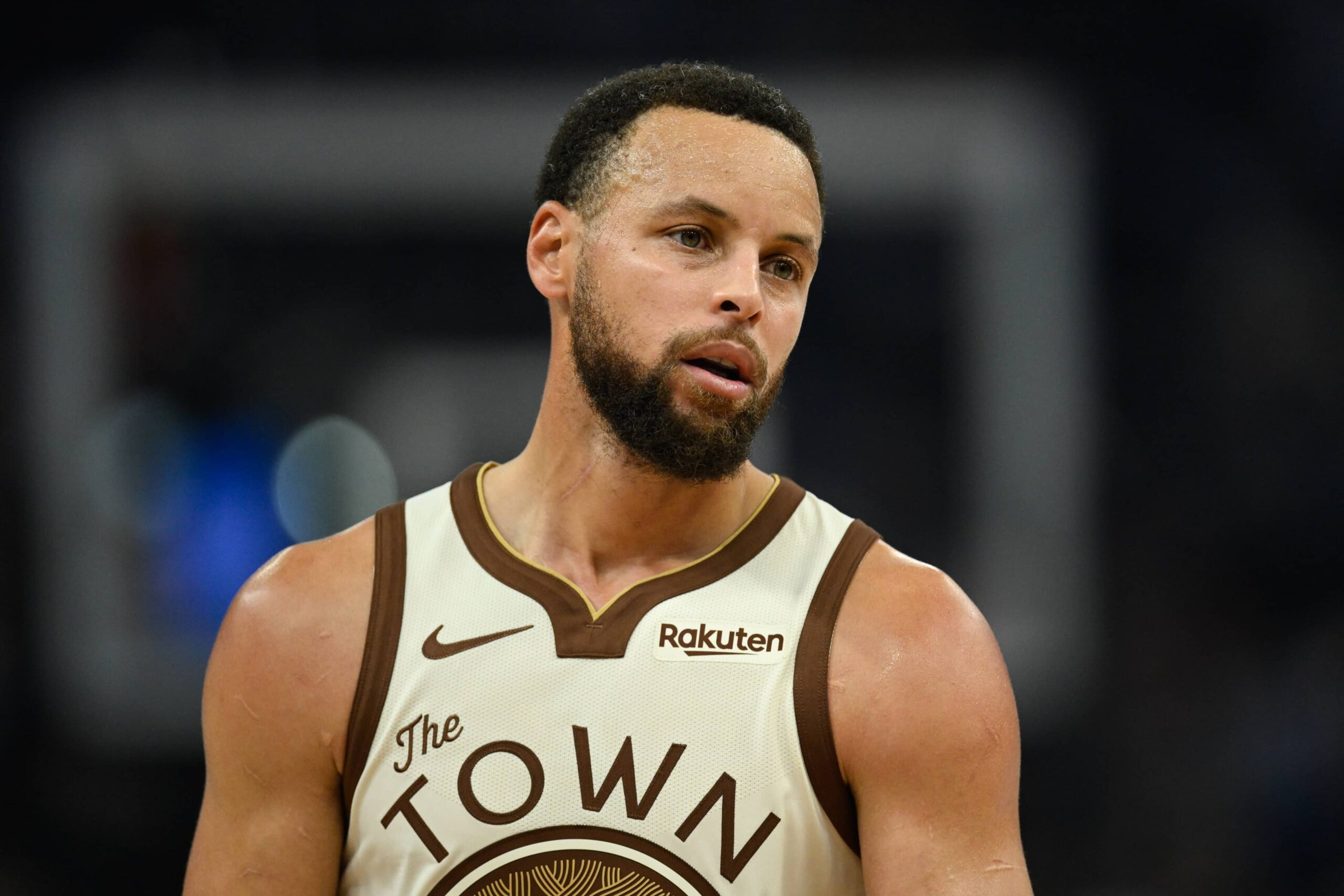 San Francisco, California, USA; Golden State Warriors guard Stephen Curry (30) looks on against the Orlando Magic in the first quarter at Chase Center. Mandatory Credit: Eakin Howard-Imagn Images