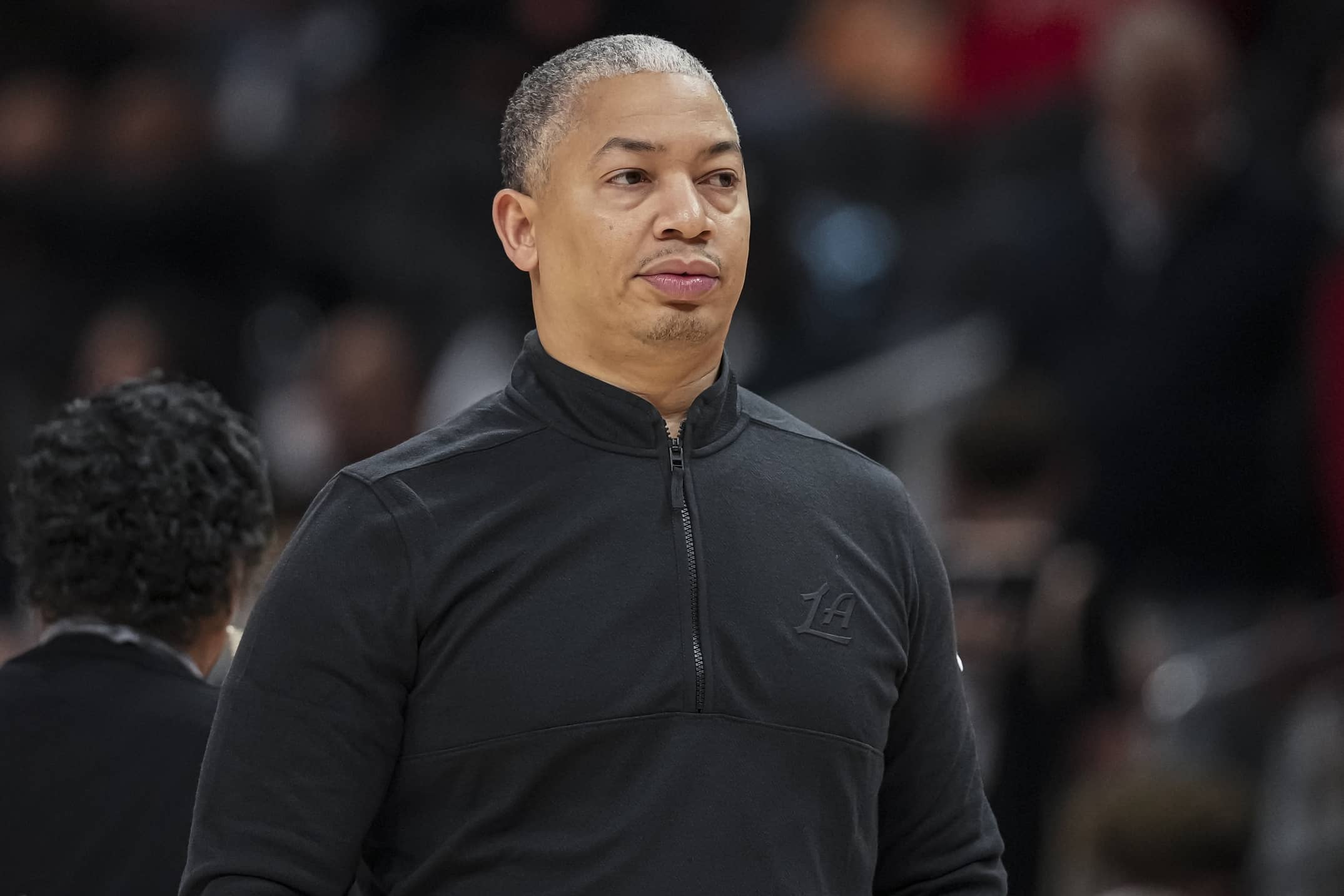 Atlanta, Georgia, USA; LA Clippers head coach Tyronn Lue on the court during the game against the Atlanta Hawks during the first half at State Farm Arena. Mandatory Credit: Dale Zanine-Imagn Images