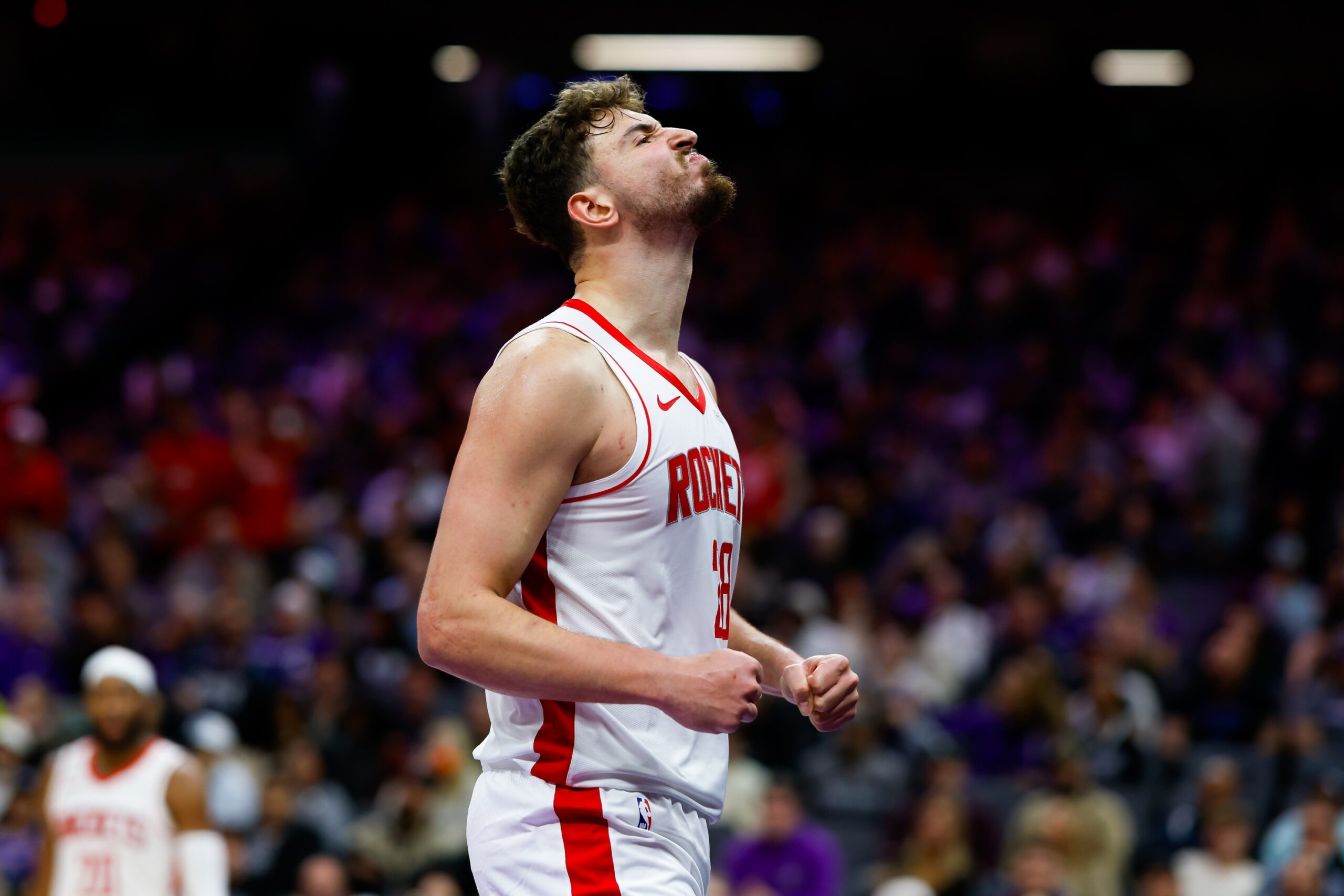 Dec 21, 2025; Sacramento, California, USA; Houston Rockets center Alperen Sengun (28) reacts after a foul during the fourth quarter against the Sacramento Kings at Golden 1 Center. Mandatory Credit: Sergio Estrada-Imagn Images