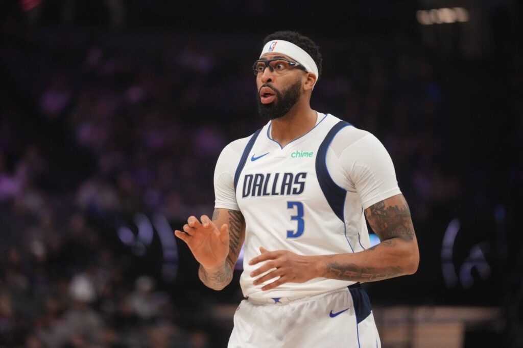 Jan 6, 2026; Sacramento, California, USA; Dallas Mavericks forward Anthony Davis (3) reacts after being fouled against the Sacramento Kings in the first quarter at the Golden 1 Center. Mandatory Credit: Cary Edmondson-Imagn Images