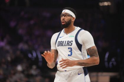 Jan 6, 2026; Sacramento, California, USA; Dallas Mavericks forward Anthony Davis (3) reacts after being fouled against the Sacramento Kings in the first quarter at the Golden 1 Center. Mandatory Credit: Cary Edmondson-Imagn Images
