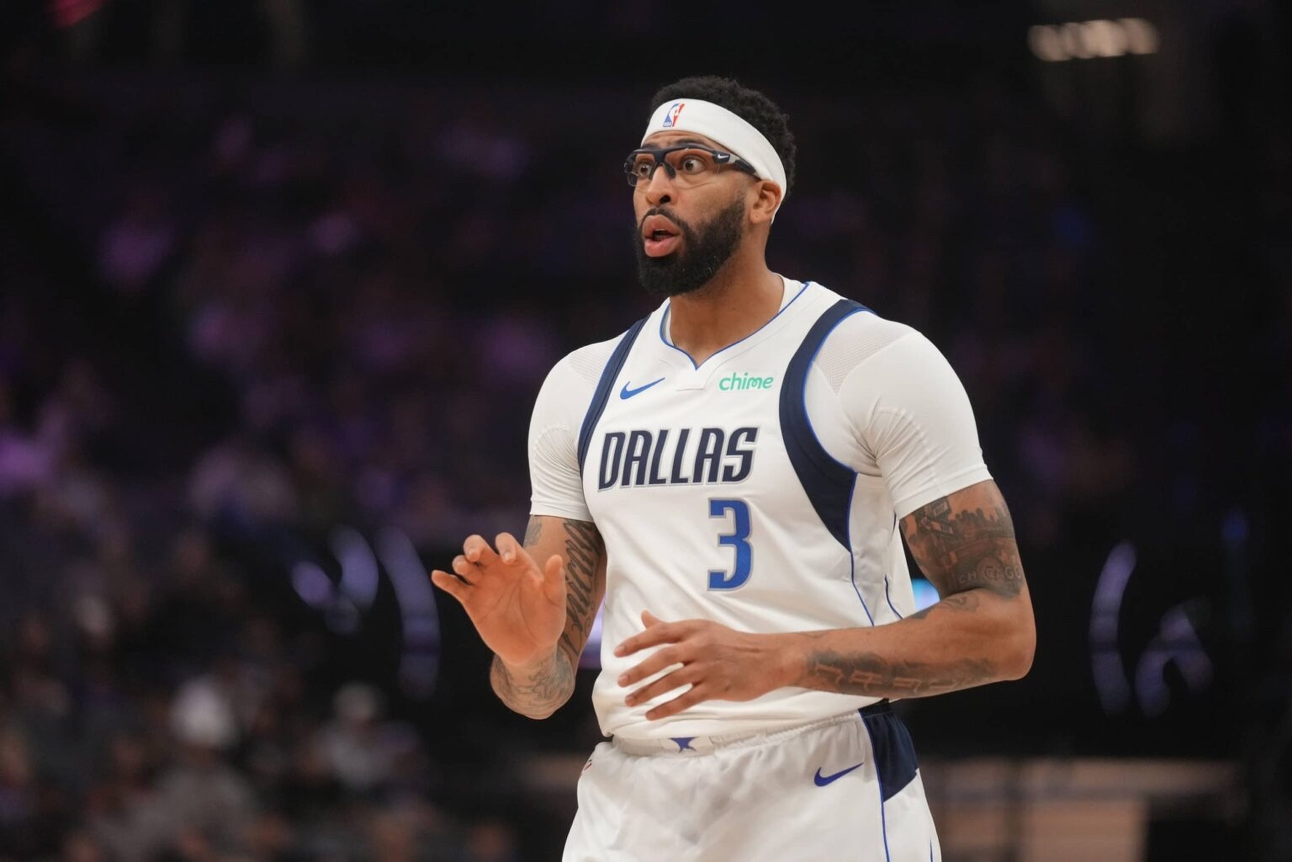 Jan 6, 2026; Sacramento, California, USA; Dallas Mavericks forward Anthony Davis (3) reacts after being fouled against the Sacramento Kings in the first quarter at the Golden 1 Center. Mandatory Credit: Cary Edmondson-Imagn Images
