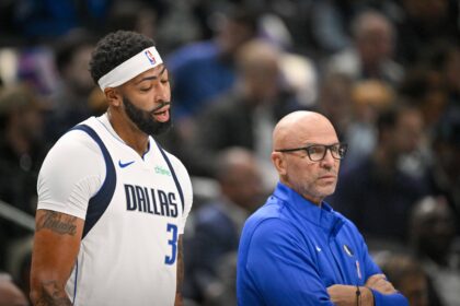 Oct 29, 2025; Dallas, Texas, USA; Dallas Mavericks forward Anthony Davis (3) exchanges words with Dallas Mavericks head coach Jason Kidd as Davis walks off the court during the first quarter at the American Airlines Center. Mandatory Credit: Jerome Miron-Imagn Images