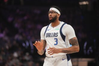 Jan 6, 2026; Sacramento, California, USA; Dallas Mavericks forward Anthony Davis (3) reacts after being fouled against the Sacramento Kings in the first quarter at the Golden 1 Center. Mandatory Credit: Cary Edmondson-Imagn Images