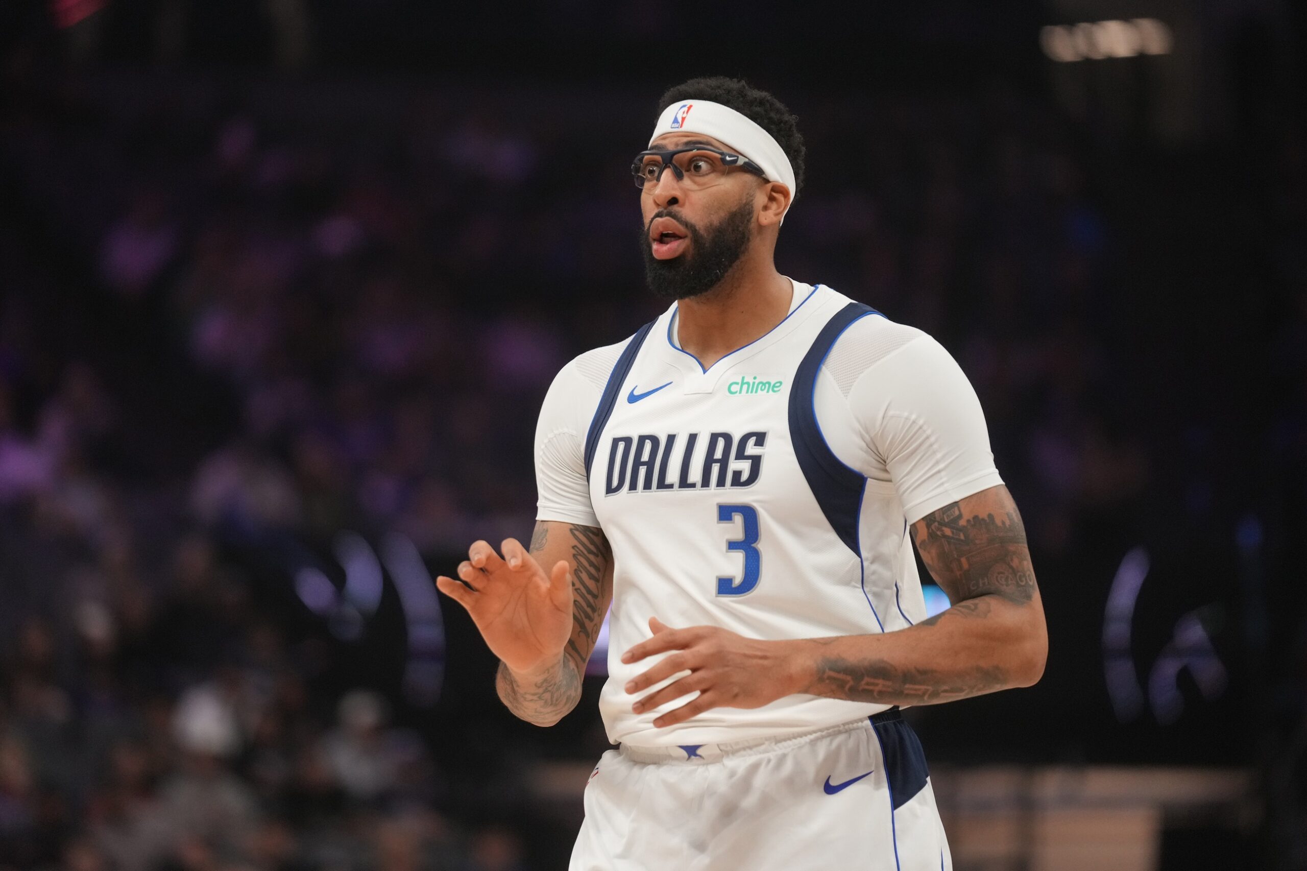 Jan 6, 2026; Sacramento, California, USA; Dallas Mavericks forward Anthony Davis (3) reacts after being fouled against the Sacramento Kings in the first quarter at the Golden 1 Center. Mandatory Credit: Cary Edmondson-Imagn Images