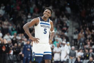 San Antonio, Texas, USA; Minnesota Timberwolves guard Anthony Edwards (5) looks up in the second half against the San Antonio Spurs at Frost Bank Center. Mandatory Credit: Daniel Dunn-Imagn Images