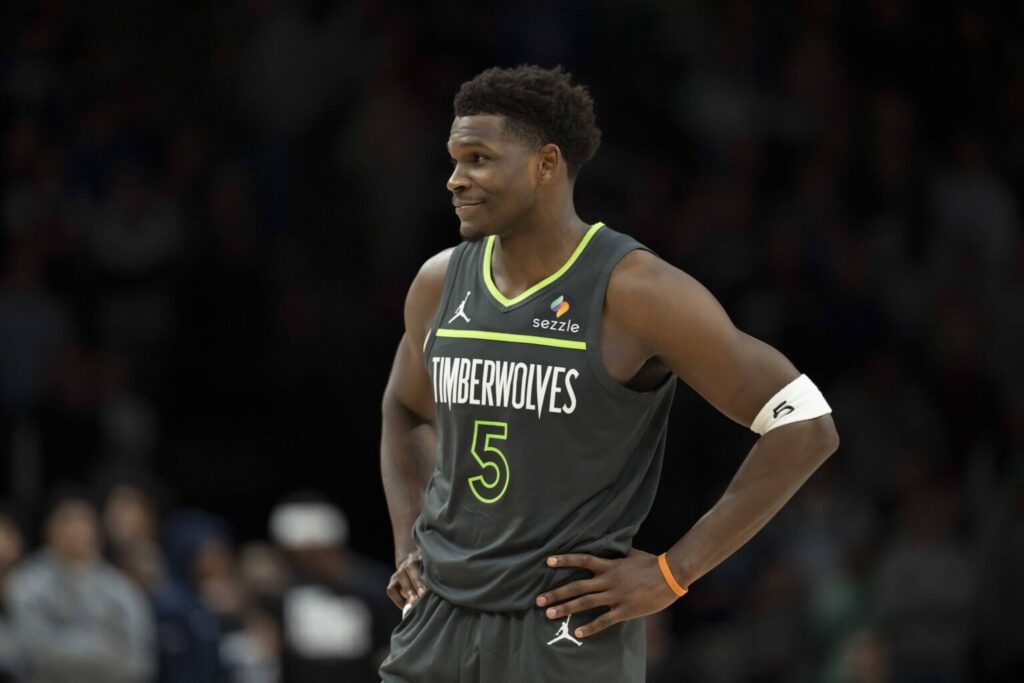 Jan 11, 2026; Minneapolis, Minnesota, USA; Minnesota Timberwolves guard Anthony Edwards (5) looks on against the San Antonio Spurs in the second half at Target Center. Mandatory Credit: Jesse Johnson-Imagn Images