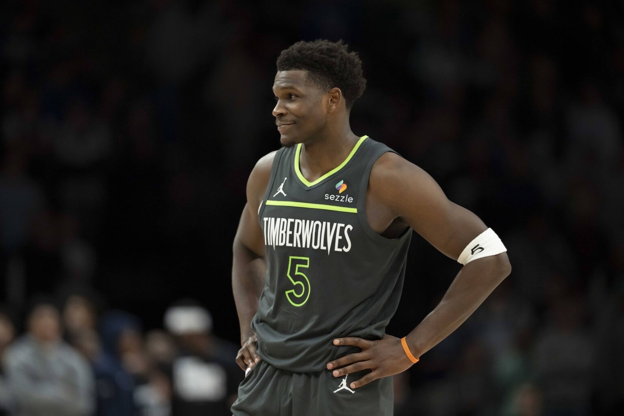 Jan 11, 2026; Minneapolis, Minnesota, USA; Minnesota Timberwolves guard Anthony Edwards (5) looks on against the San Antonio Spurs in the second half at Target Center. Mandatory Credit: Jesse Johnson-Imagn Images