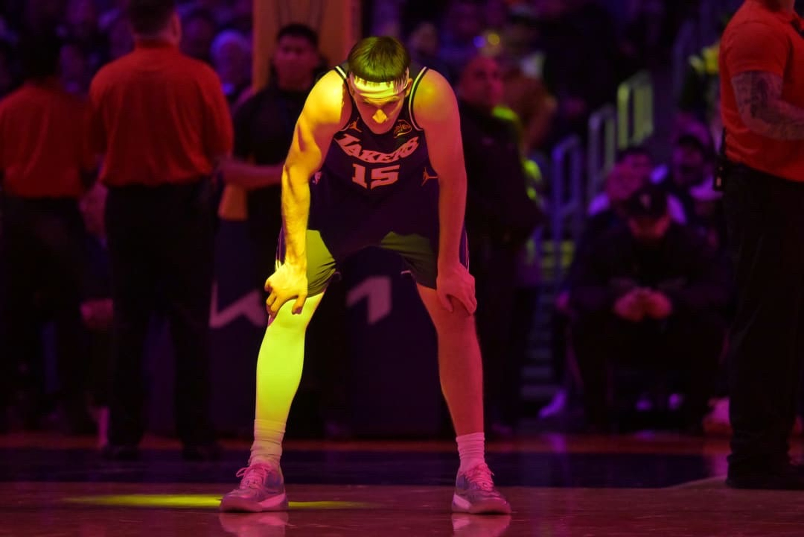 Dec 10, 2025; Los Angeles, California, USA; Los Angeles Lakers guard Austin Reaves (15) waits on the court during a time out in the second half against the San Antonio Spurs at Crypto.com Arena. Mandatory Credit: Jayne Kamin-Oncea-Imagn Images