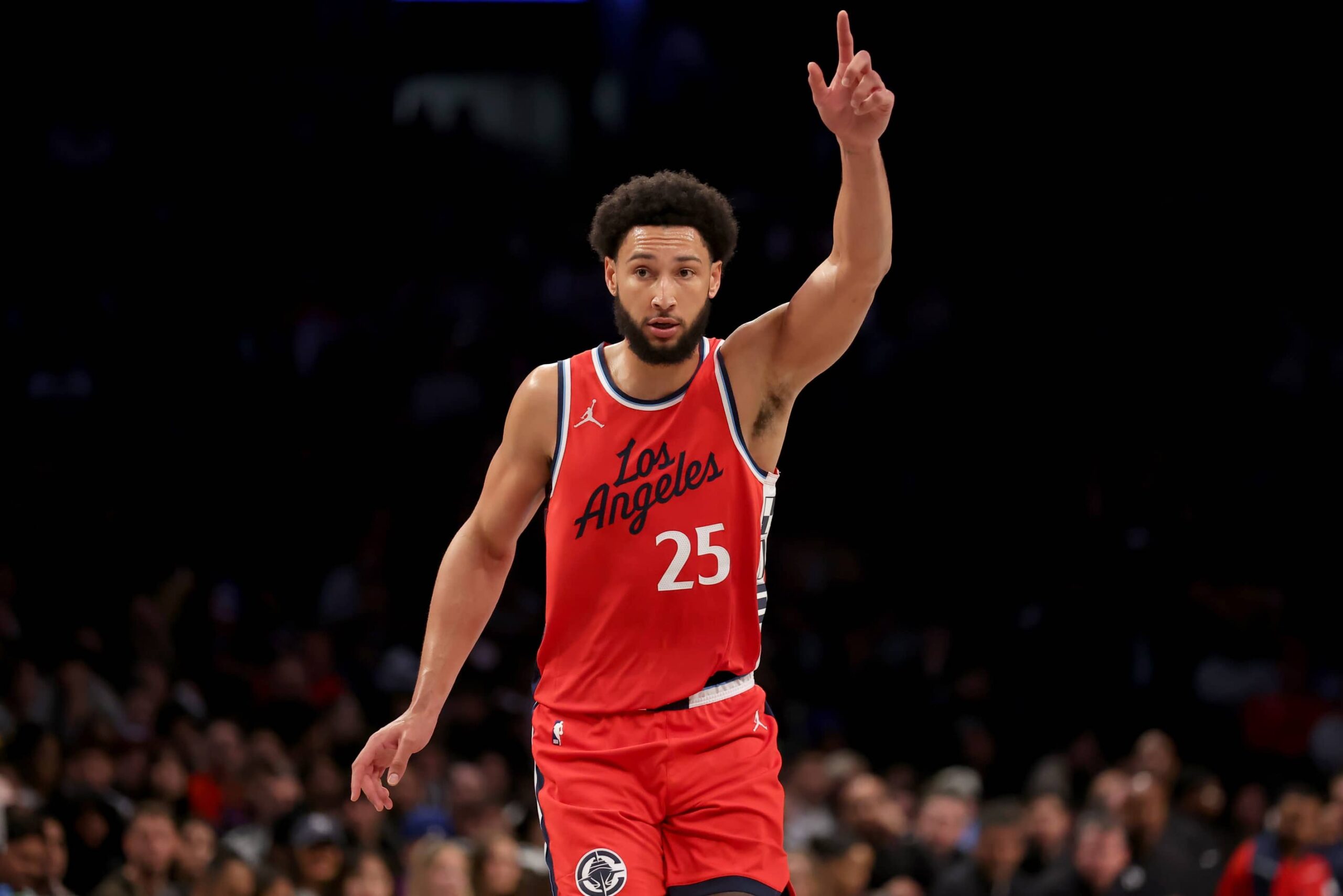 Los Angeles Clippers guard Ben Simmons (25) reacts during the second quarter against the Brooklyn Nets at Barclays Center.