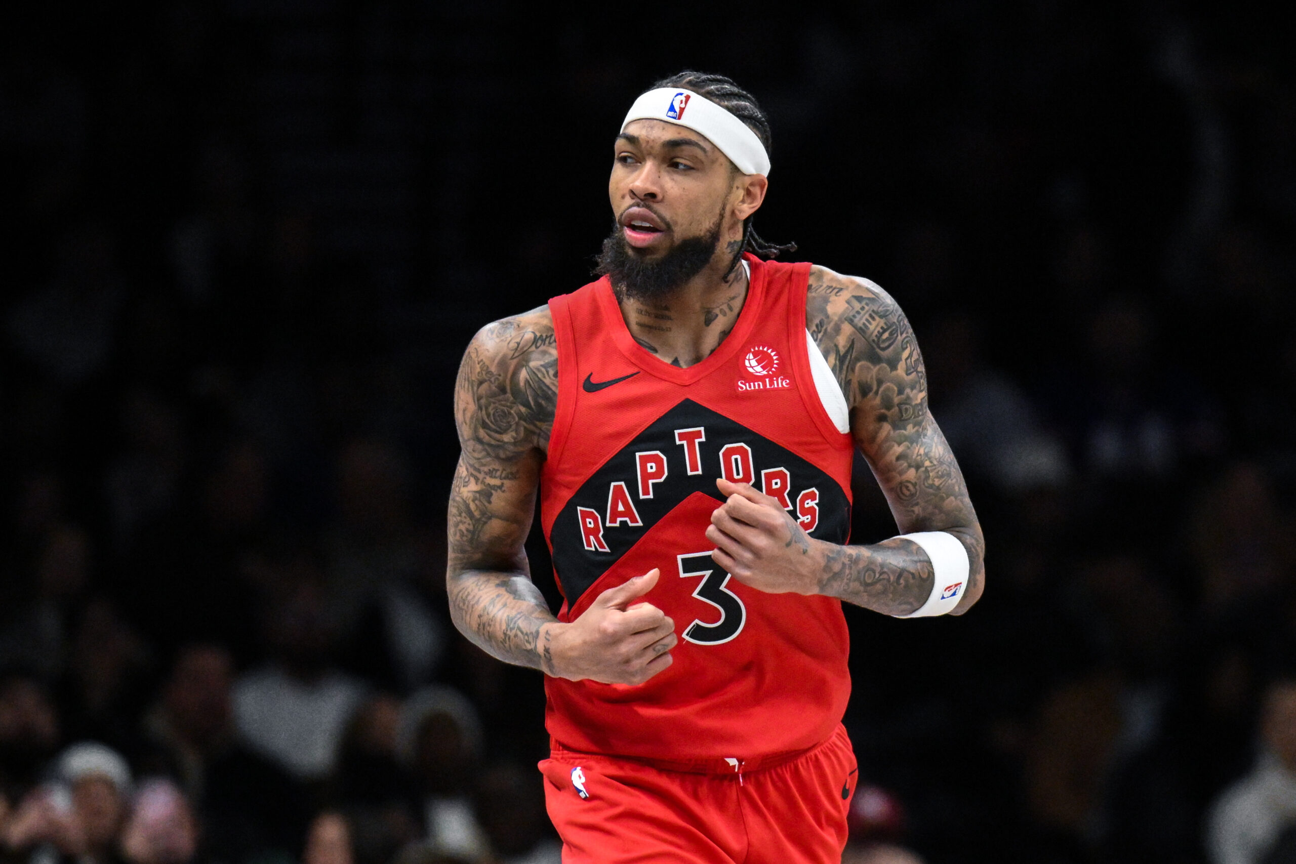 Dec 21, 2025; Brooklyn, New York, USA; Toronto Raptors forward Brandon Ingram (3) reacts after making a shot against the Brooklyn Nets during the first half at Barclays Center. Mandatory Credit John Jones-Imagn Images