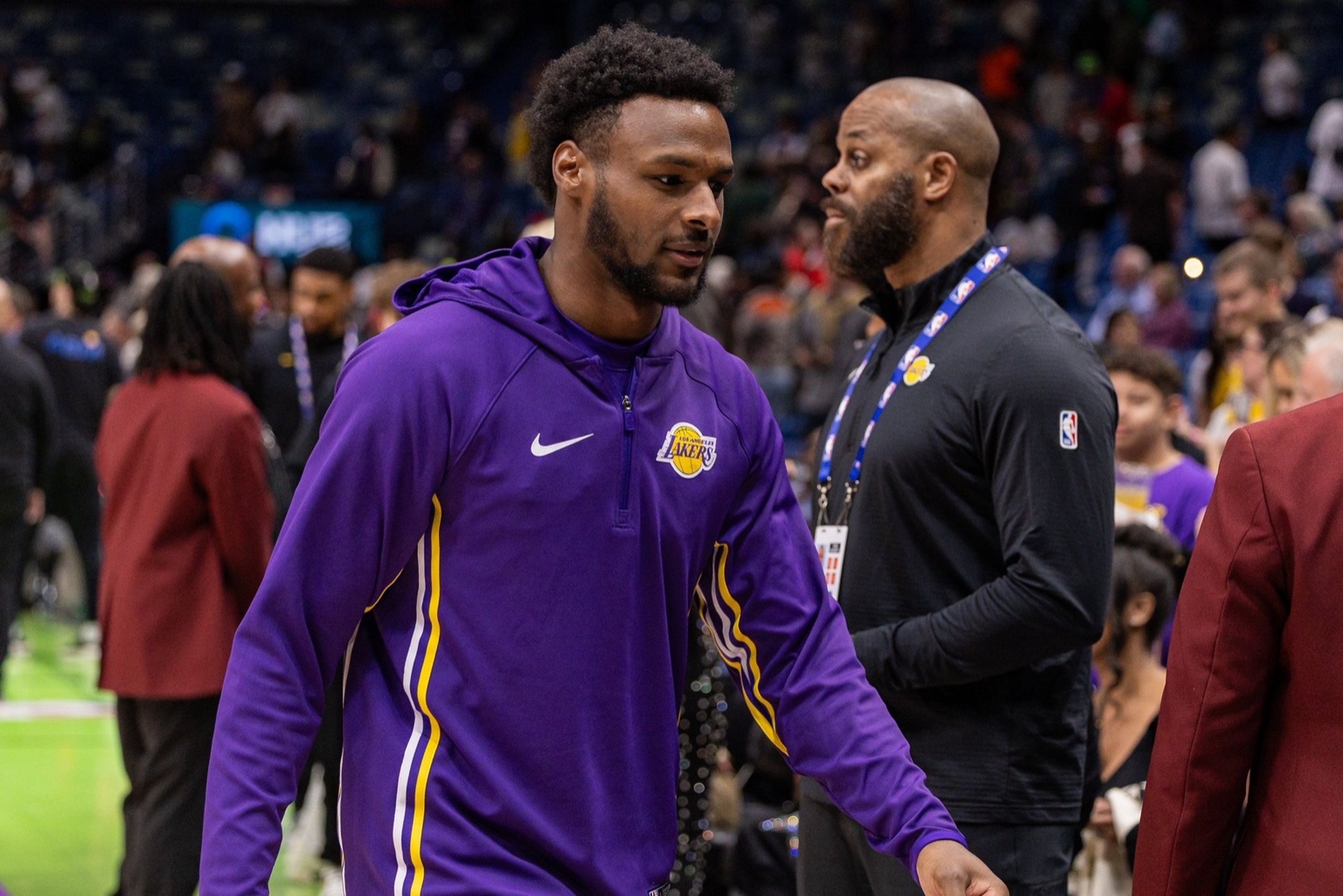 Jan 6, 2026; New Orleans, Louisiana, USA; Los Angeles Lakers guard Bronny James (9) heads to the locker room after the game against the New Orleans Pelicans at Smoothie King Center. Mandatory Credit: Stephen Lew-Imagn Images