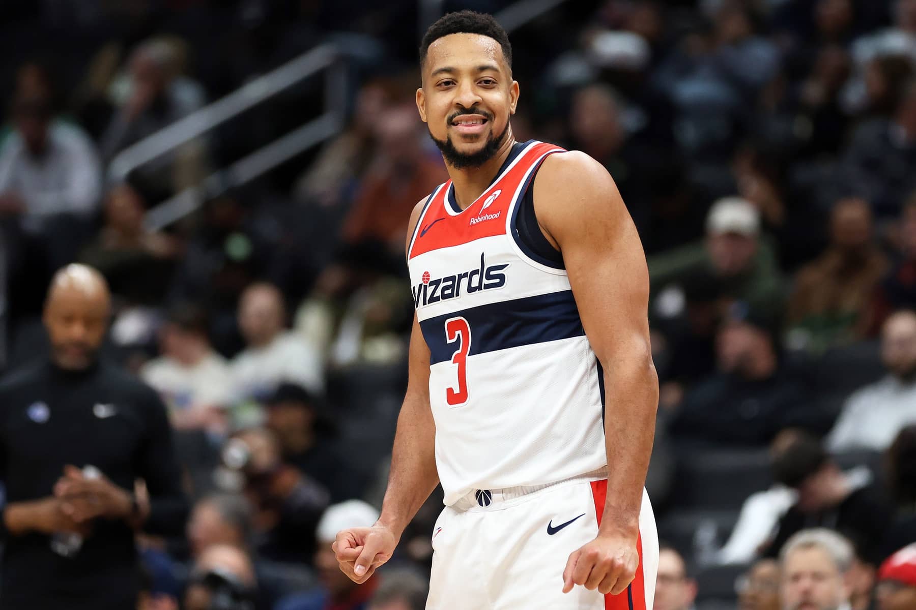 Jan 6, 2026; Washington, District of Columbia, USA; Washington Wizards guard CJ McCollum (3) celebrates during the second half against the Orlando Magic at Capital One Arena. Mandatory Credit: Daniel Kucin Jr.-Imagn Images