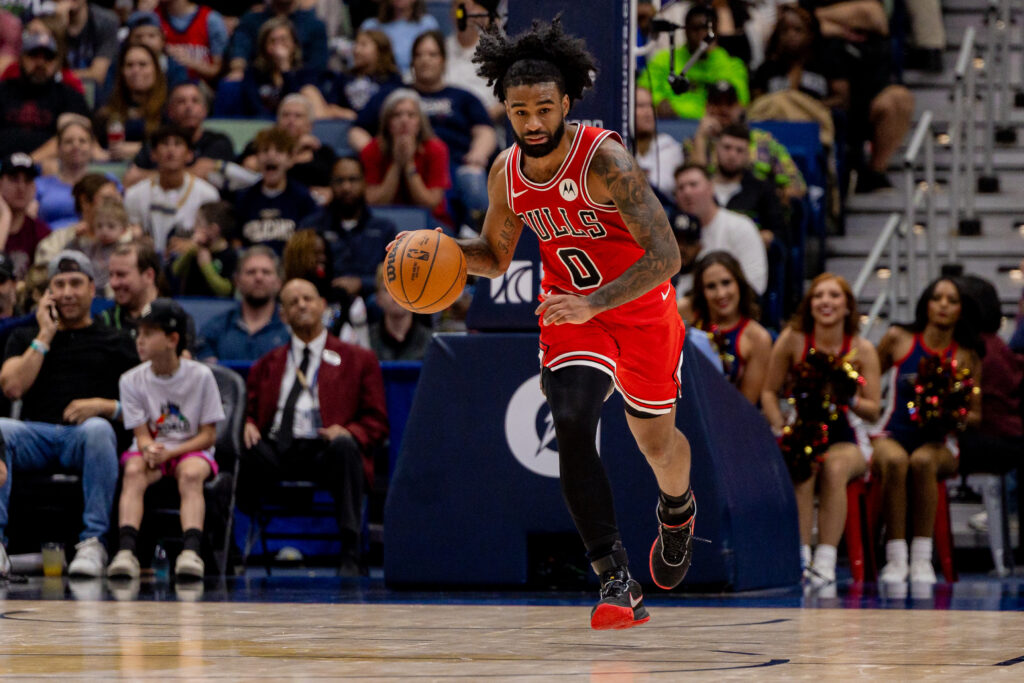 Nov 24, 2025; New Orleans, Louisiana, USA; Chicago Bulls guard Coby White (0) brings the ball up court against the New Orleans Pelicans during the second half at Smoothie King Center. Mandatory Credit: Stephen Lew-Imagn Images