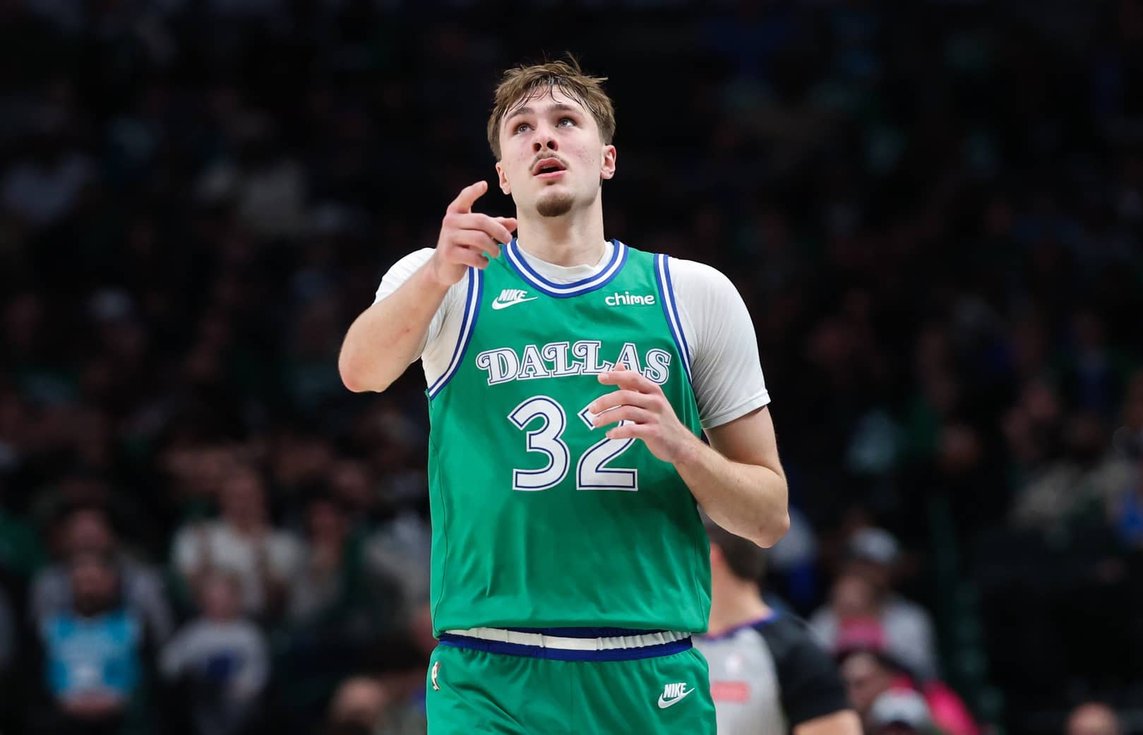 Jan 29, 2026; Dallas, Texas, USA; Dallas Mavericks forward Cooper Flagg (32) reacts during the second half against the Charlotte Hornets at American Airlines Center. Mandatory Credit: Kevin Jairaj-Imagn Images