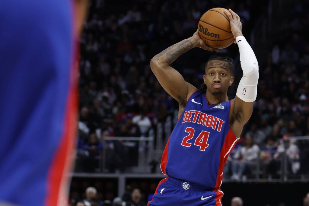 Jan 5, 2026; Detroit, Michigan, USA; Detroit Pistons guard Daniss Jenkins (24) looks to pass in the second half against the New York Knicks at Little Caesars Arena. Mandatory Credit: Rick Osentoski-Imagn Images