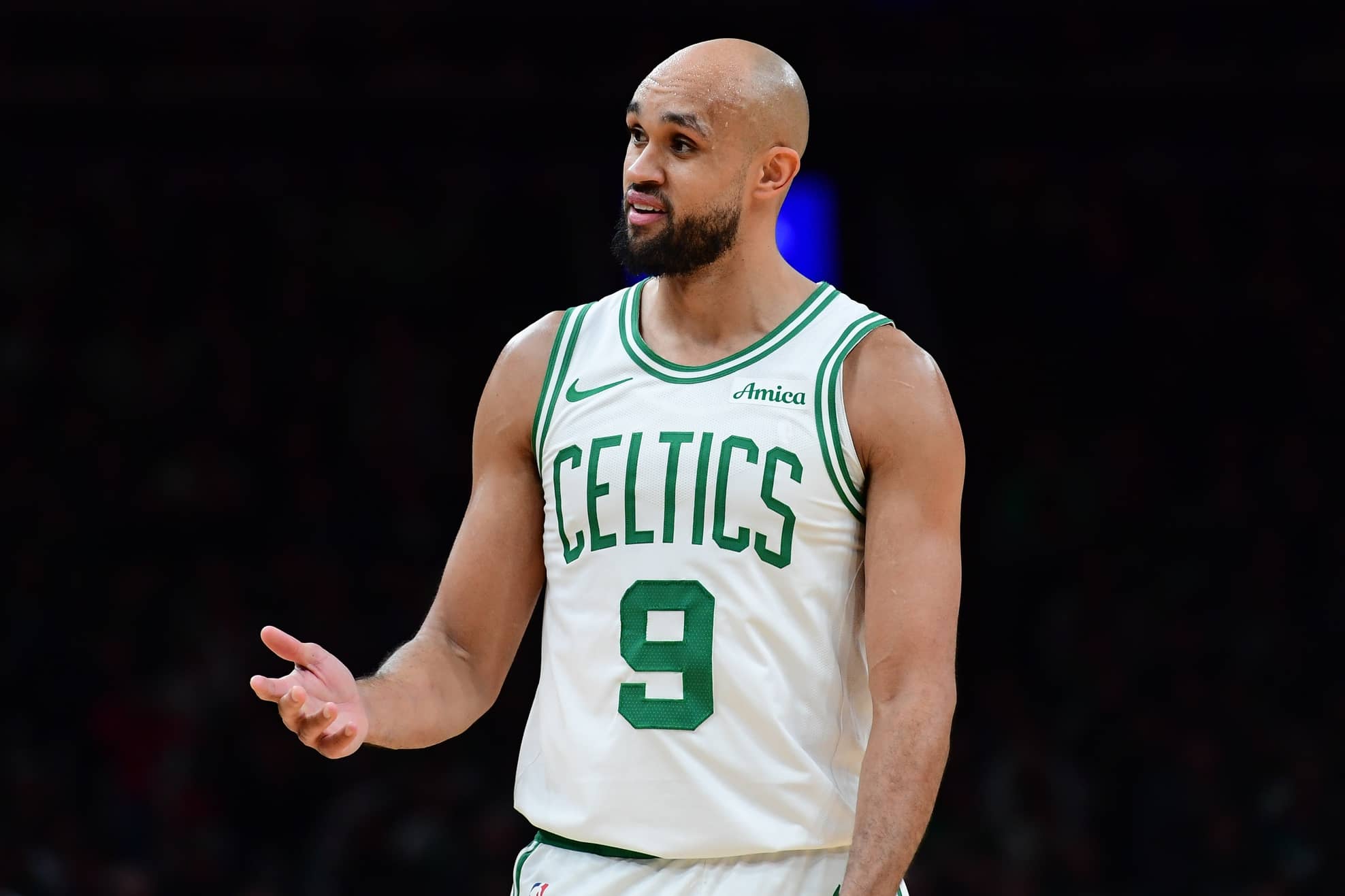 Boston Celtics guard Derrick White (9) reacts towards the official during the second half against the Indiana Pacers at TD Garden.