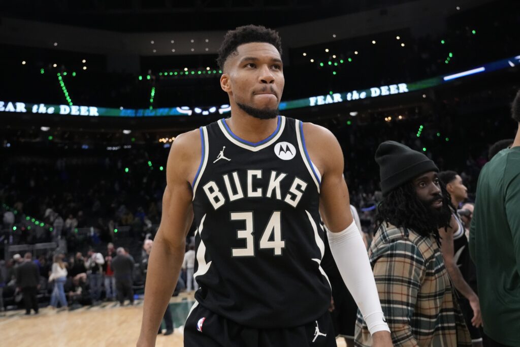 Jan 23, 2026; Milwaukee, Wisconsin, USA; Milwaukee Bucks forward Giannis Antetokounmpo (34) walks from the court following the game against the Denver Nuggets at Fiserv Forum. Mandatory Credit: Jeff Hanisch-Imagn Images
