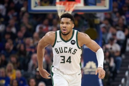 Jan 7, 2026; San Francisco, California, USA; Milwaukee Bucks forward Giannis Antetokounmpo (34) runs back on defense against the Golden State Warriors during the second quarter at Chase Center. Mandatory Credit: Robert Edwards-Imagn Images