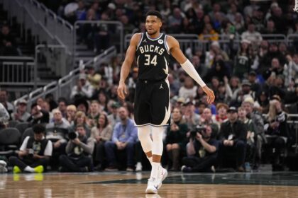 Jan 23, 2026; Milwaukee, Wisconsin, USA; Milwaukee Bucks forward Giannis Antetokounmpo (34) during the game against the Denver Nuggets at Fiserv Forum. Mandatory Credit: Jeff Hanisch-Imagn Images