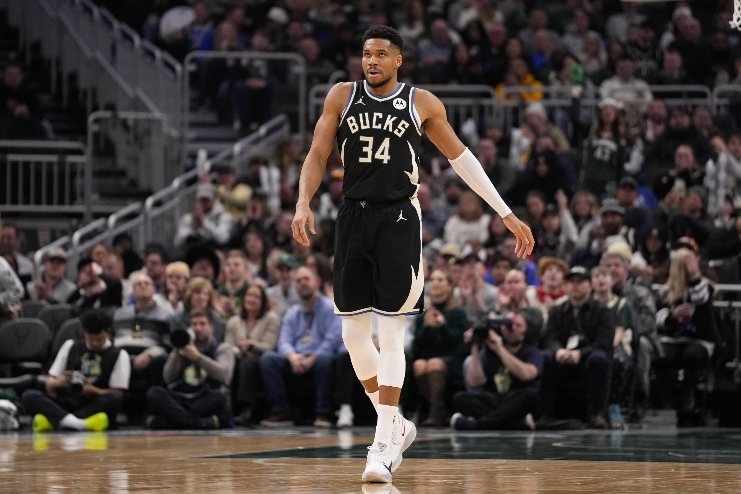 Jan 23, 2026; Milwaukee, Wisconsin, USA; Milwaukee Bucks forward Giannis Antetokounmpo (34) during the game against the Denver Nuggets at Fiserv Forum. Mandatory Credit: Jeff Hanisch-Imagn Images