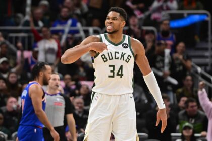 Oct 28, 2025; Milwaukee, Wisconsin, USA; Milwaukee Bucks forward Giannis Antetokounmpo (34) reacts after scoring a basket in the 3rd quarter against the New York Knicks at Fiserv Forum. Mandatory Credit: Benny Sieu-Imagn Images