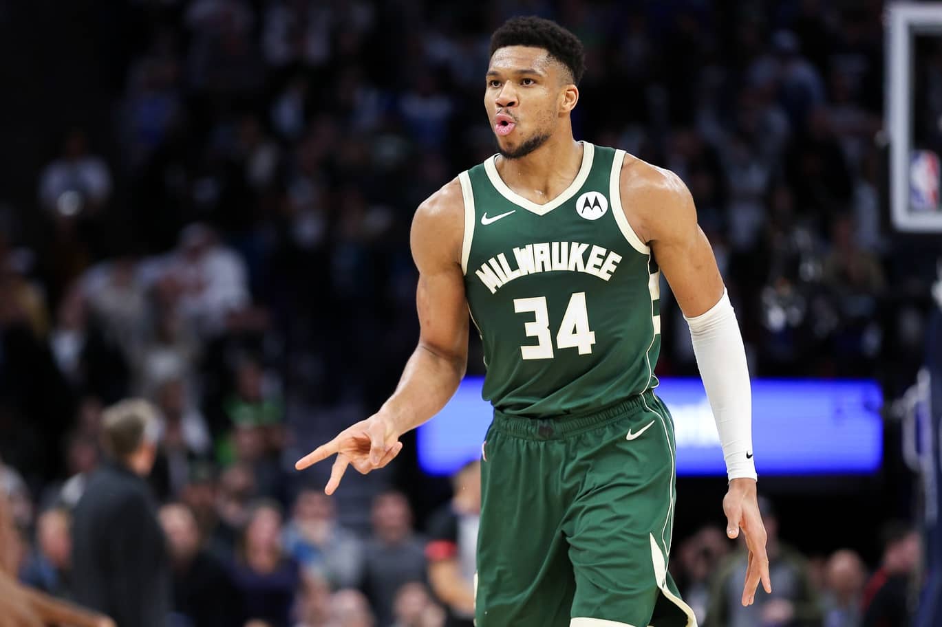Feb 23, 2024; Minneapolis, Minnesota, USA; Milwaukee Bucks forward Giannis Antetokounmpo (34) celebrates his shot during the second half against the Minnesota Timberwolves at Target Center. Mandatory Credit: Matt Krohn-Imagn Images