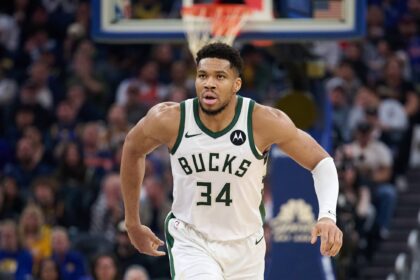 Jan 7, 2026; San Francisco, California, USA; Milwaukee Bucks forward Giannis Antetokounmpo (34) runs back on defense against the Golden State Warriors during the second quarter at Chase Center. Mandatory Credit: Robert Edwards-Imagn Images