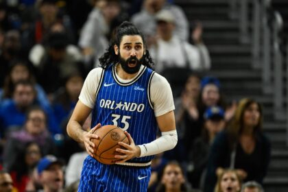 San Francisco, California, USA; Orlando Magic center Goga Bitadze (35) celebrates against the Golden State Warriors in the third quarter at Chase Center. Mandatory Credit: Eakin Howard-Imagn Images
