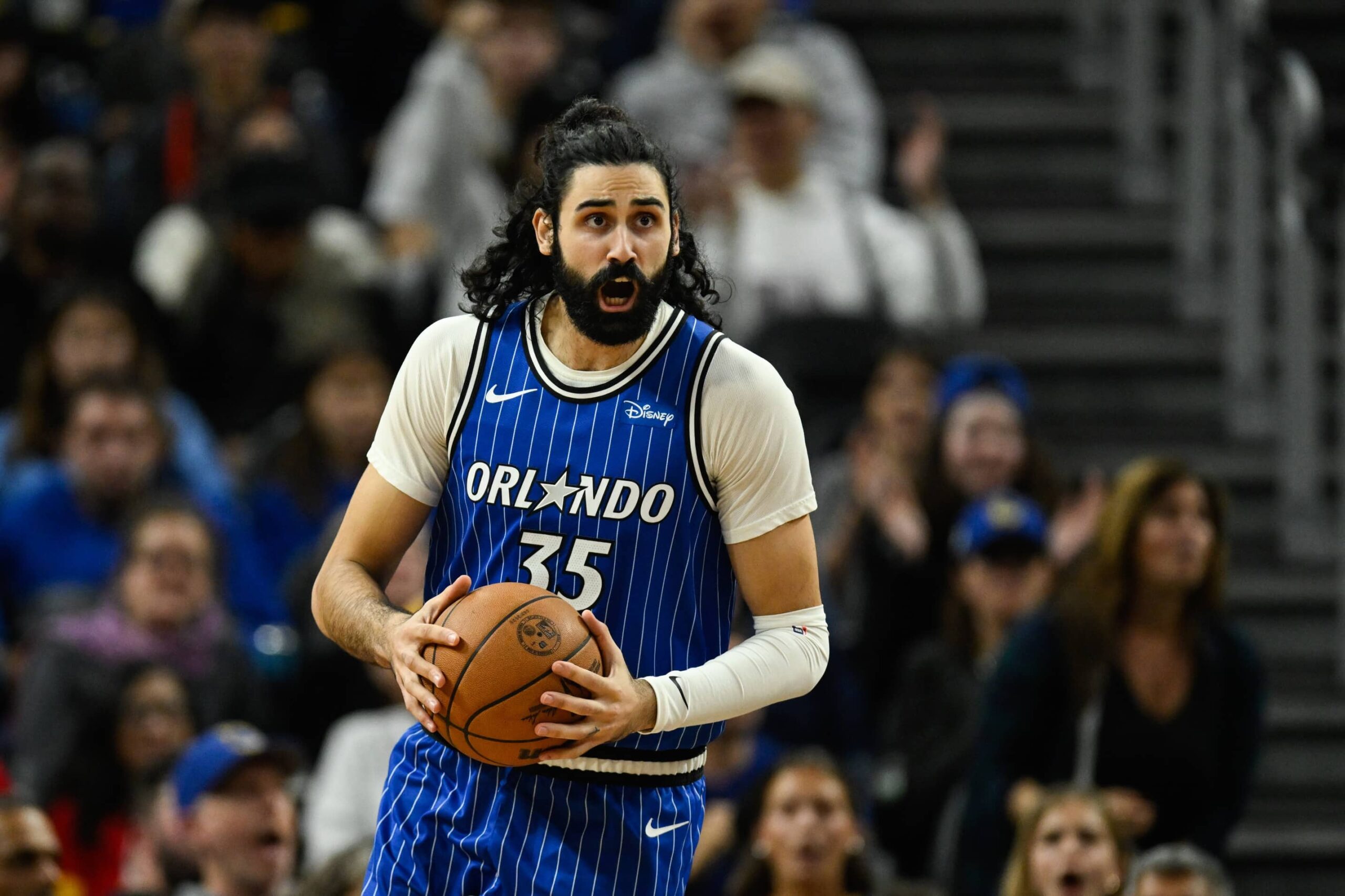 San Francisco, California, USA; Orlando Magic center Goga Bitadze (35) celebrates against the Golden State Warriors in the third quarter at Chase Center. Mandatory Credit: Eakin Howard-Imagn Images