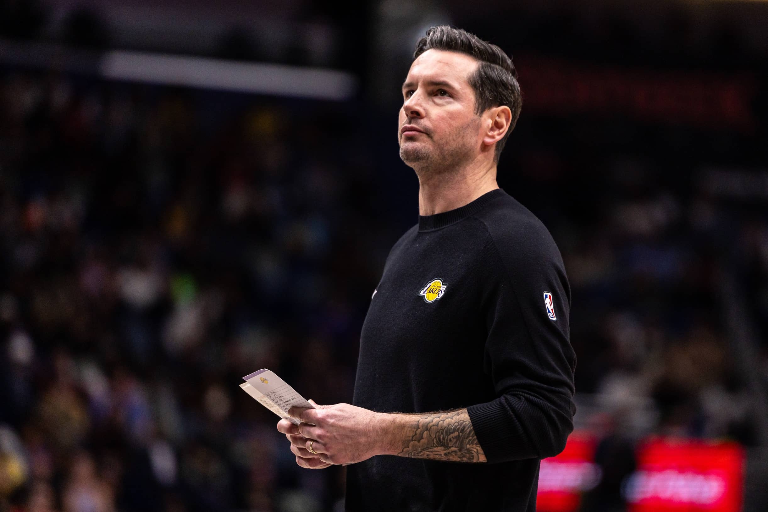Los Angeles Lakers Head Coach JJ Redick looks on against the New Orleans Pelicans during the second half at Smoothie King Center.