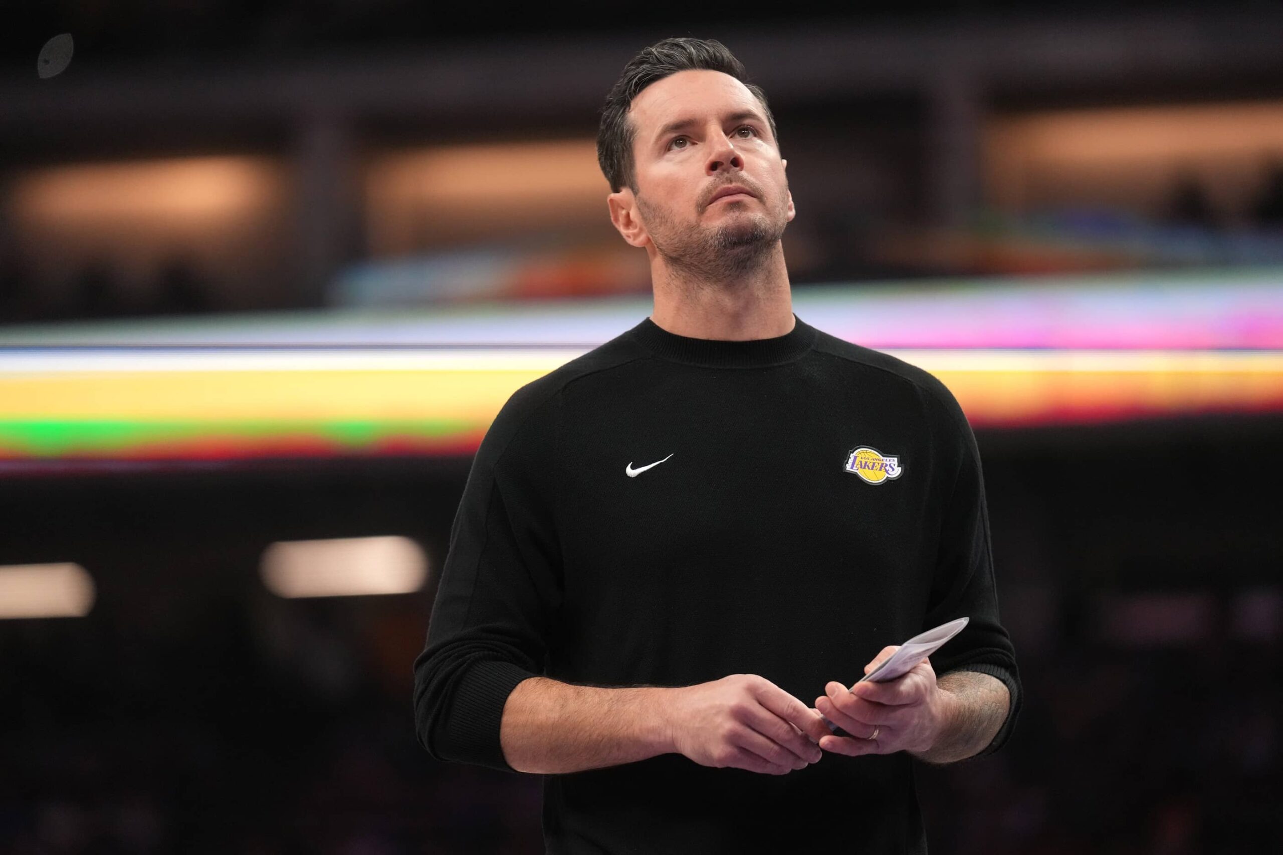 Los Angeles Lakers head coach JJ Redick stands on the court during a timeout against the Sacramento Kings in the second quarter at the Golden 1 Center.