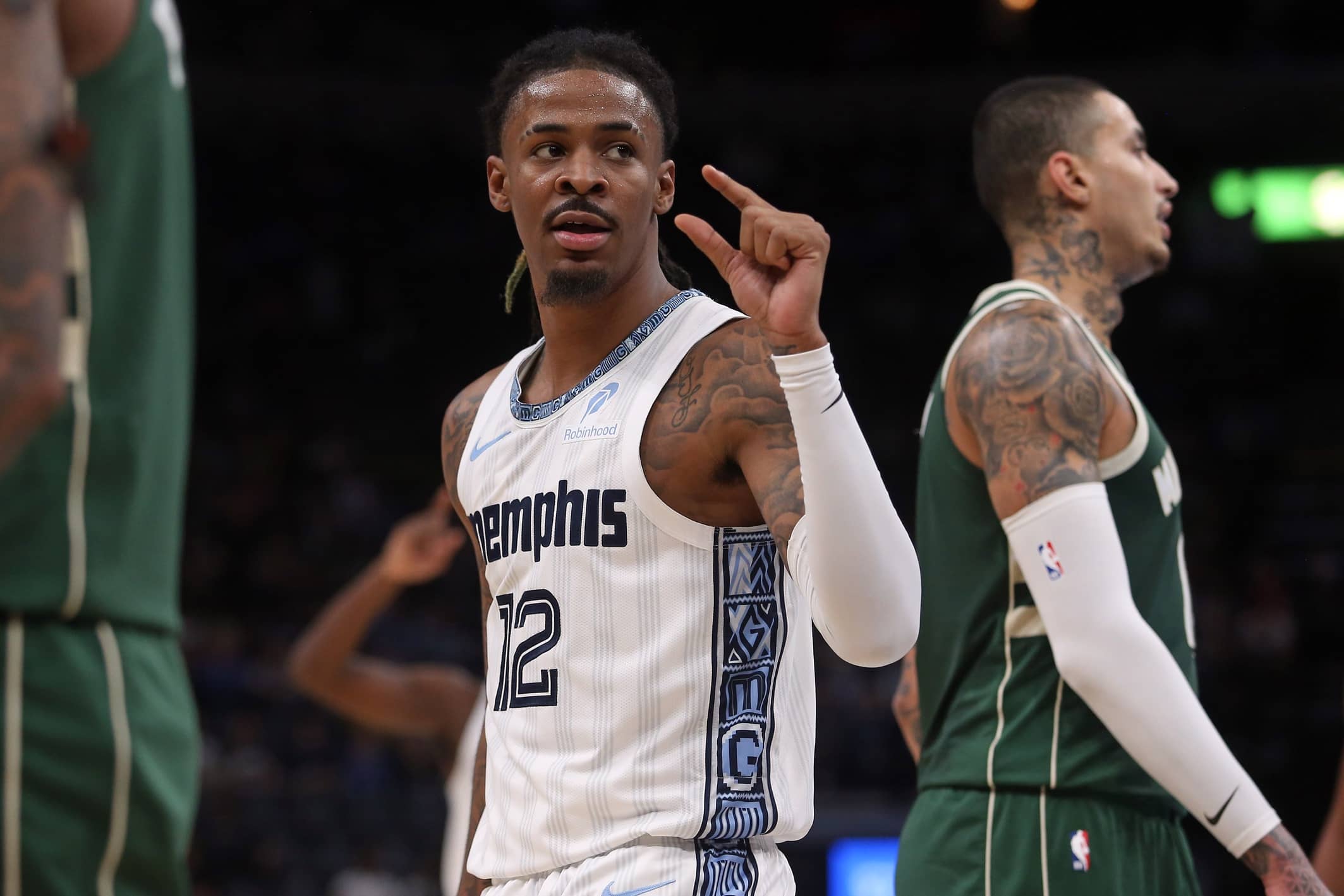 Memphis Grizzlies guard Ja Morant (12) gestures during the third quarter against the Milwaukee Bucks at FedExForum.