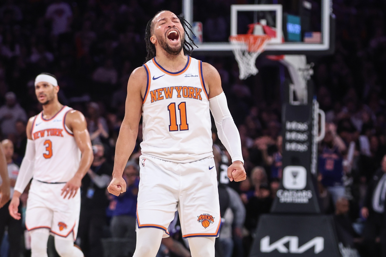 Jan 25, 2025; New York, New York, USA; New York Knicks guard Jalen Brunson (11) celebrates during a timeout called by the Sacramento Kings in the third quarter at Madison Square Garden. Mandatory Credit: Wendell Cruz-Imagn Images