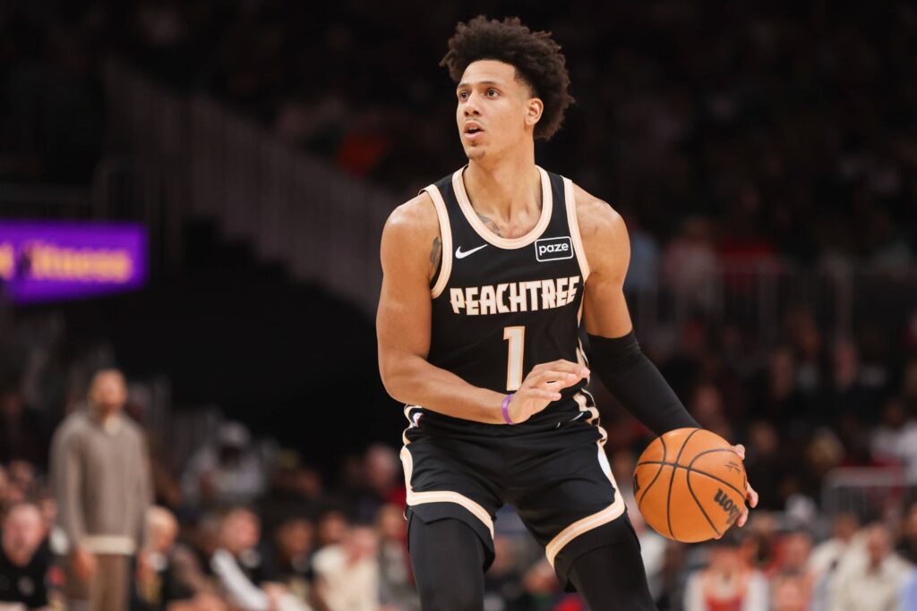 Atlanta Hawks forward Jalen Johnson (1) shoots against the Boston Celtics in the second quarter at State Farm Arena.
