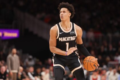 Atlanta Hawks forward Jalen Johnson (1) shoots against the Boston Celtics in the second quarter at State Farm Arena.