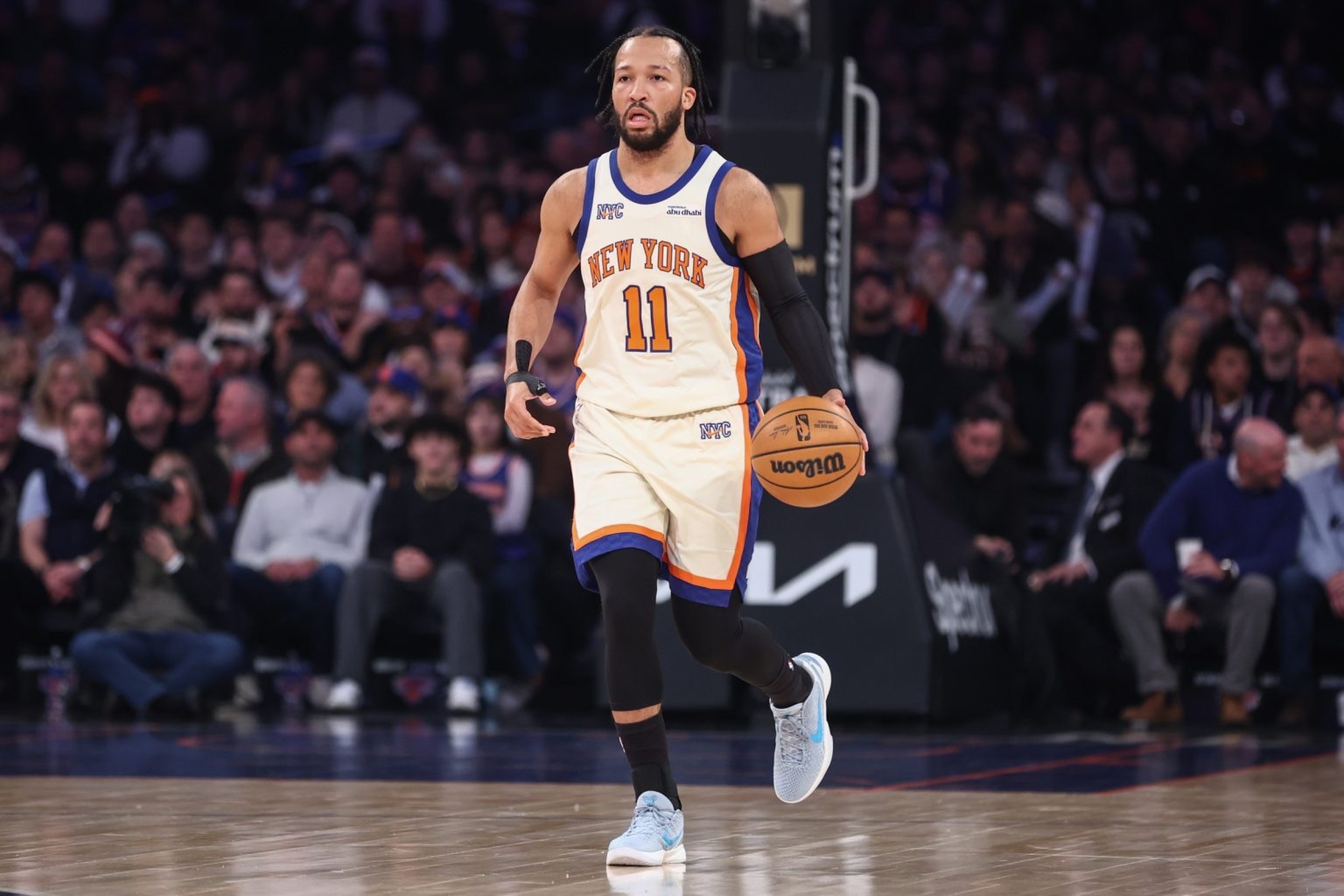 Jan 3, 2026; New York, New York, USA; New York Knicks guard Jalen Brunson (11) brings the ball up the court in the first quarter against the Philadelphia 76ers at Madison Square Garden. Mandatory Credit: Wendell Cruz-Imagn Images