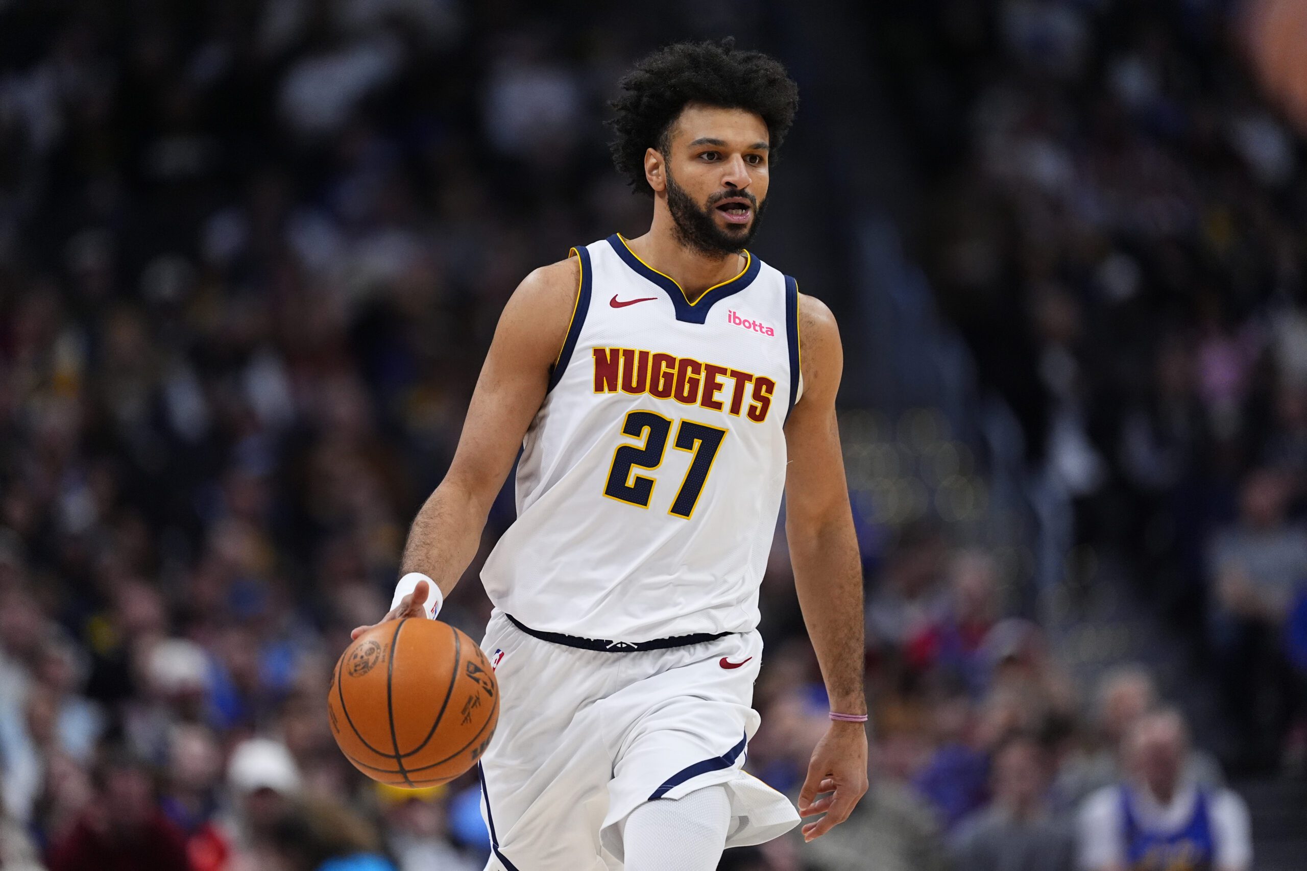 Jan 29, 2026; Denver, Colorado, USA; Denver Nuggets guard Jamal Murray (27) controls the ball in first quarter against the Brooklyn Nets at Ball Arena. Mandatory Credit: Ron Chenoy-Imagn Images