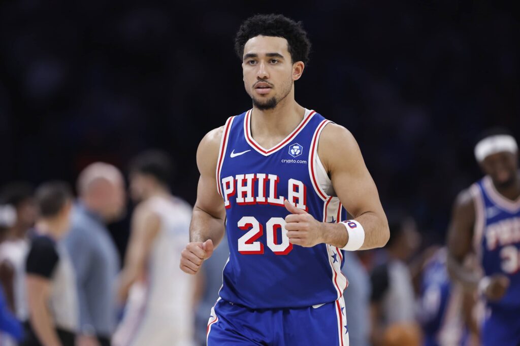 Dec 28, 2025; Oklahoma City, Oklahoma, USA; Philadelphia 76ers guard Jared McCain (20) runs off the court during a time out against the Oklahoma City Thunder during the second half at Paycom Center. Mandatory Credit: Alonzo Adams-Imagn Images