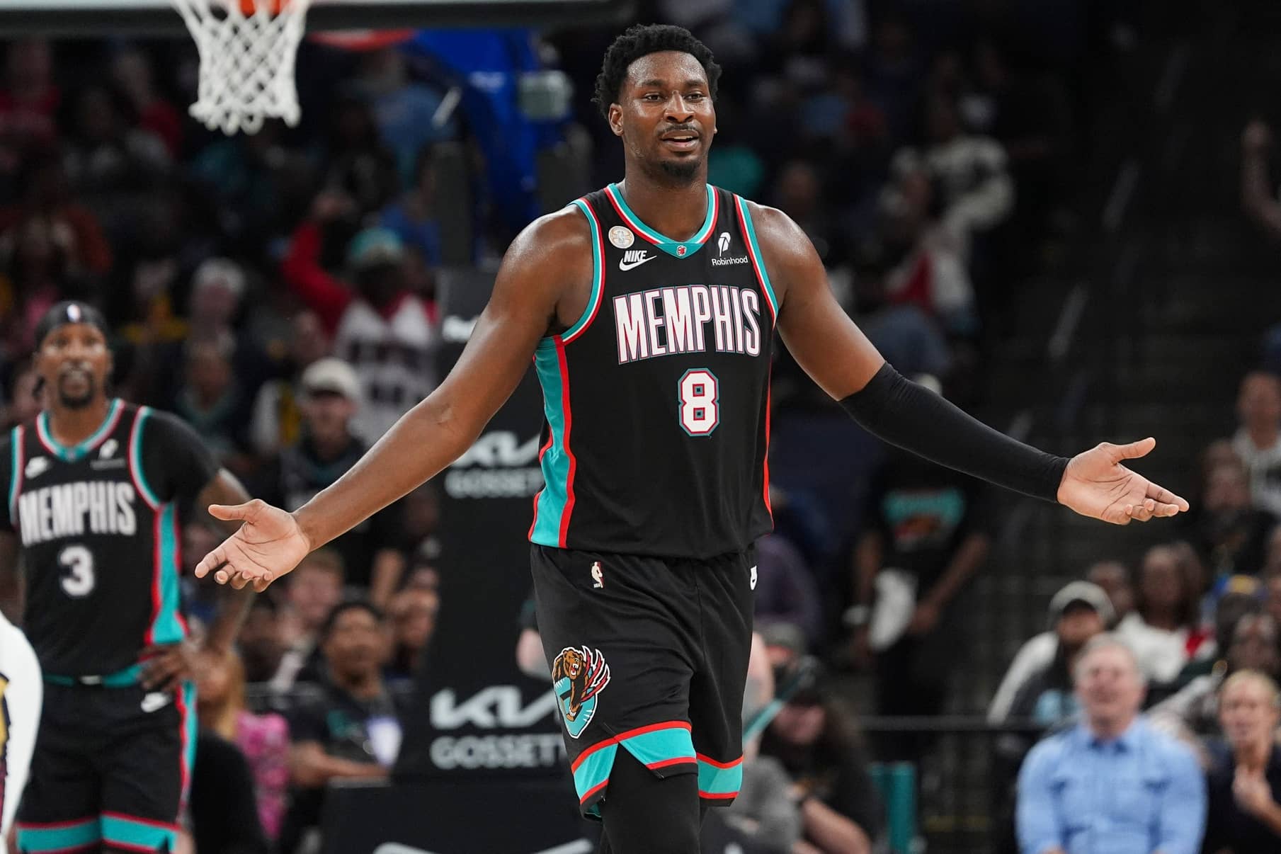 Grizzlies' Jaren Jackson Jr. (8) reacts after fouling out during the home opener against the New Orleans Pelicans at FedExForum on October 22, 2025. Mandatory Credit: © Chris Day/The Commercial Appeal / USA TODAY NETWORK via Imagn Images