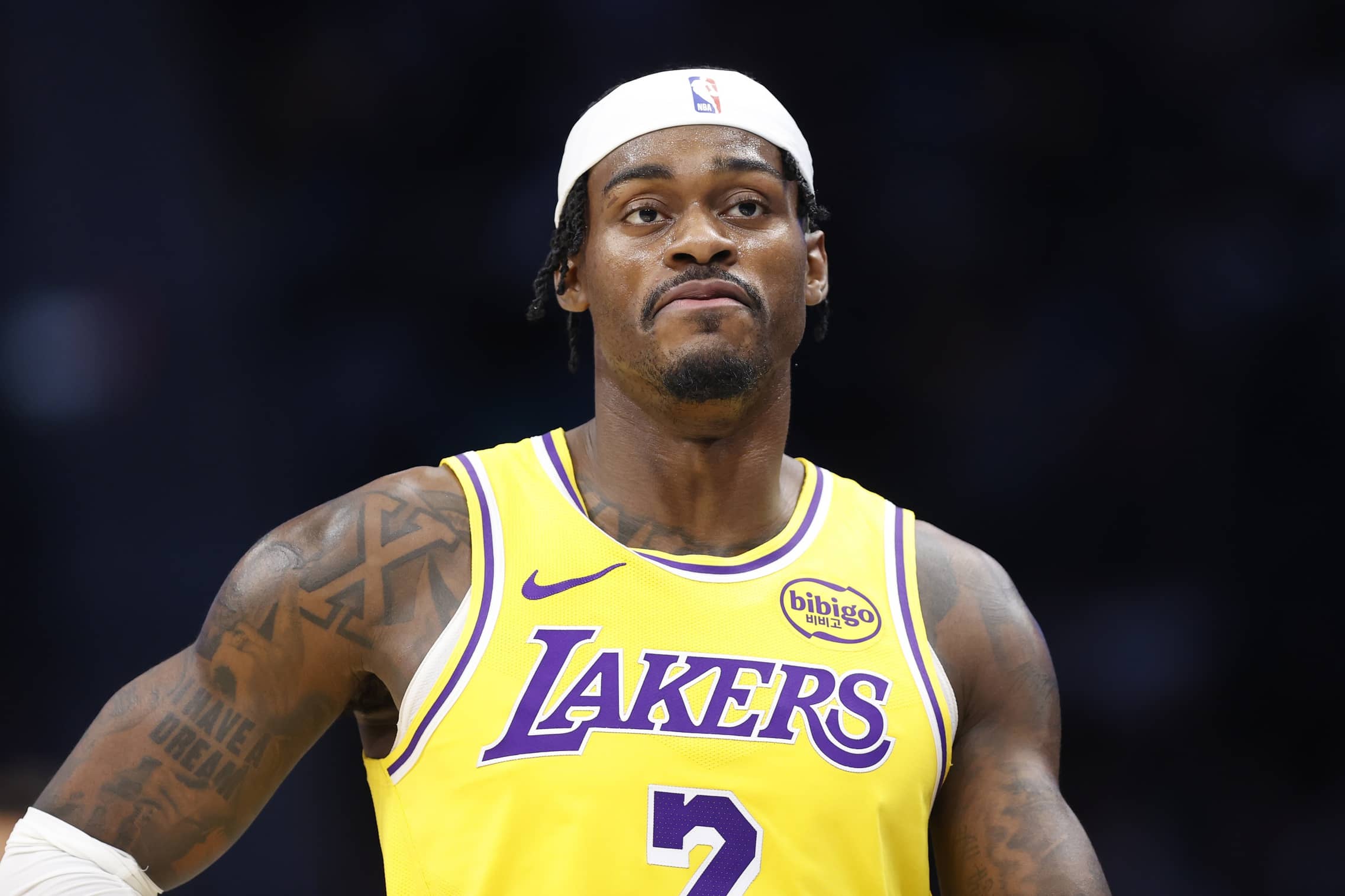 Charlotte, North Carolina, USA; Los Angeles Lakers forward Jarred Vanderbilt (2) walks down the court during the second half against the Charlotte Hornets at Spectrum Center. Mandatory Credit: Brian Westerholt-Imagn Images