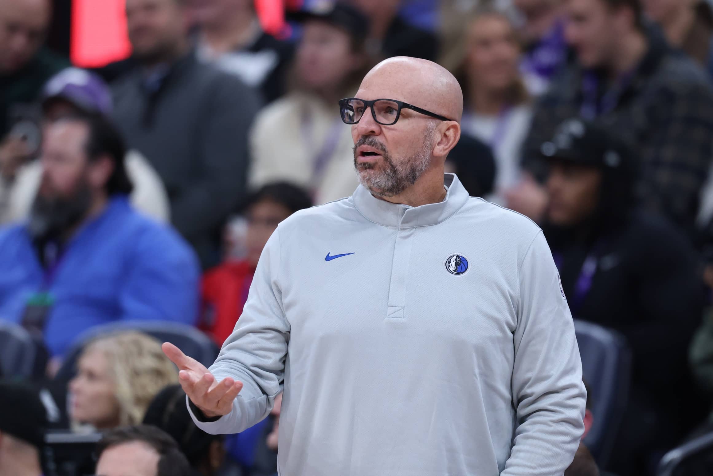 Jan 8, 2026; Salt Lake City, Utah, USA; Dallas Mavericks head coach Jason Kidd reacts after a play against the Utah Jazz during the first quarter at Delta Center. Mandatory Credit: Rob Gray-Imagn Images